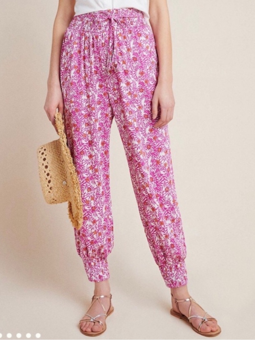 Anthropologie Pink Floral Elastic Waist Harem Pants size: M
